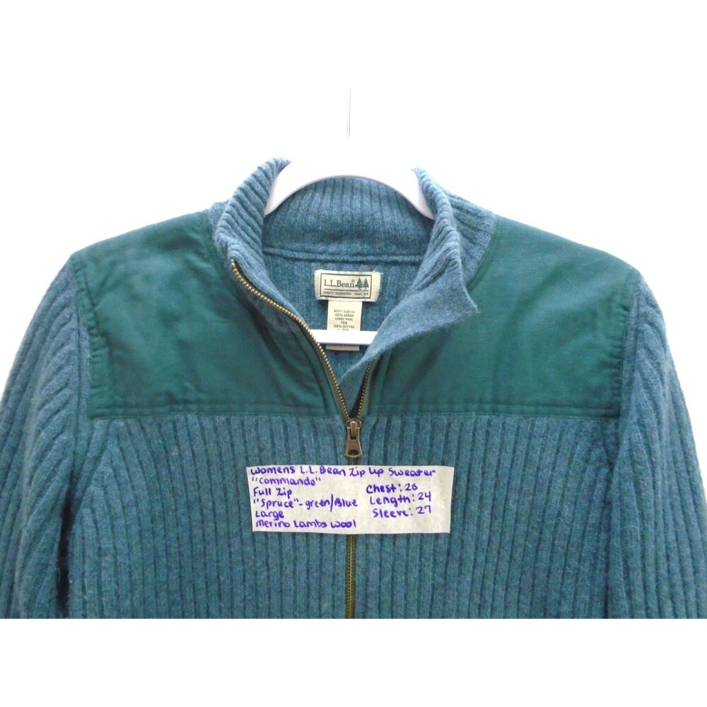 LL Bean Commando Sweater Women Large Full Zip Merino Lambswool Spruce Green Blue - Picture 2 of 10
